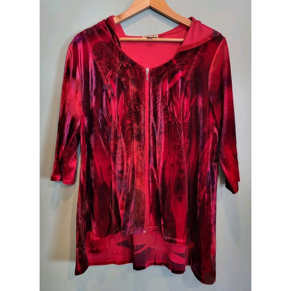 One World Red Purple Velvet Hooded Full Zip 3/4 Sleeve Tunic Top 1X